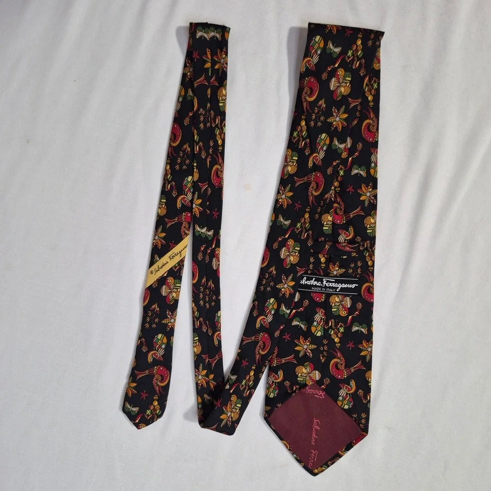 Salvatore Ferragamo Tie Men Black Silk Bird Butterfly Floral Print Italy Necktie